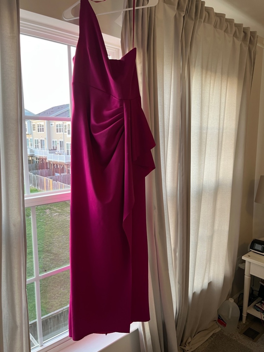 Xscape Fuchsia One-Shoulder Draped Gown